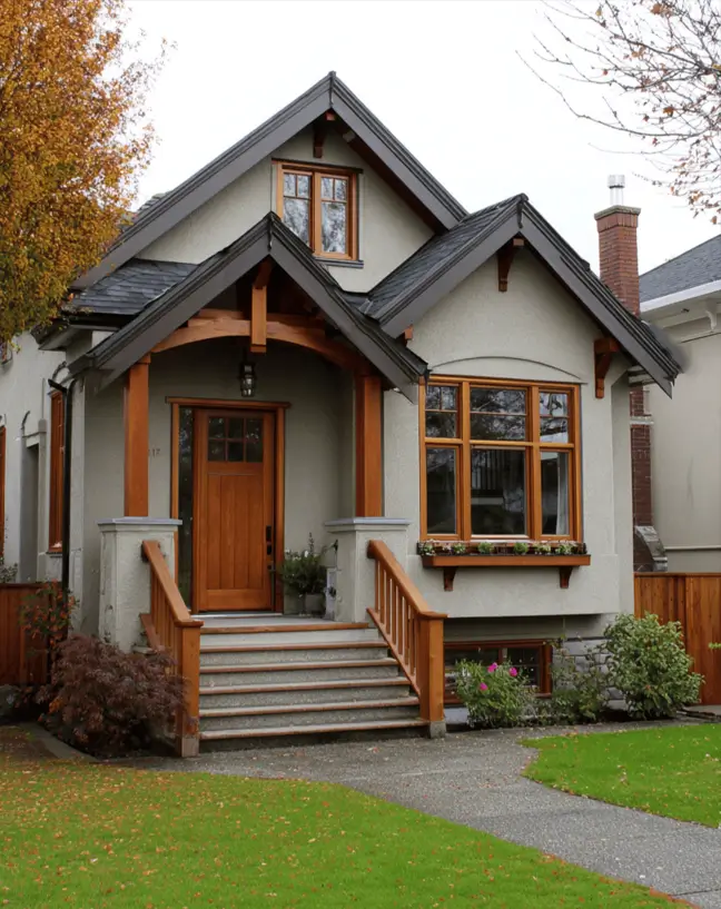 35 Small Craftsman House Ideas for Timeless Charm & Modern Living 27 Small Craftsman house featuring grey stucco and natural wood columns.