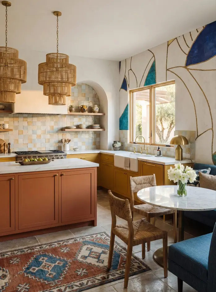 27 Modern Mediterranean Interior Design Ideas That Feel Effortlessly Chic 28 Spirited kitchen space featuring a bold blue and gold wall mural, rust-colored island, and tiered woven pendant lights.