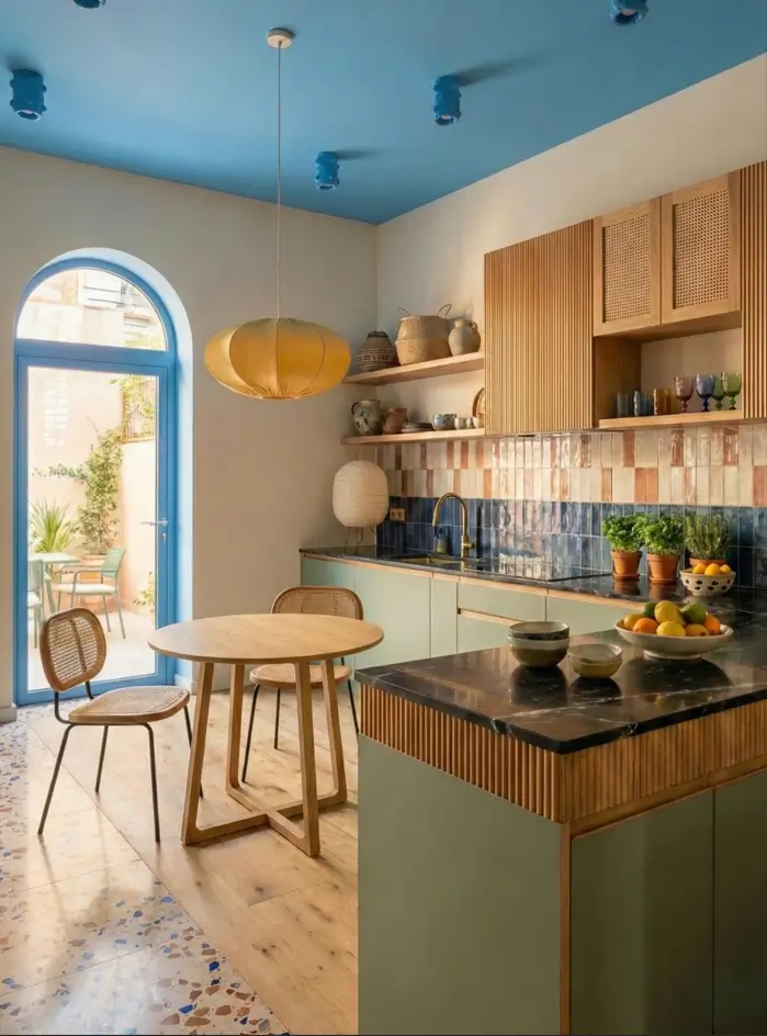 30 Mediterranean Kitchen Ideas for a Warm, Coastal Escape 28 Modern Mediterranean kitchen design featuring a vibrant blue painted ceiling, sage green cabinets with fluted wood details, and rattan upper storage.