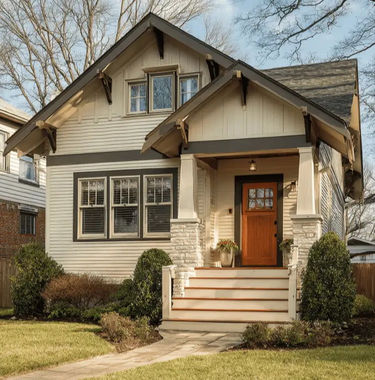 35 Small Craftsman House Ideas for Timeless Charm & Modern Living 28 Small Craftsman house with cream siding and dark stained brackets.