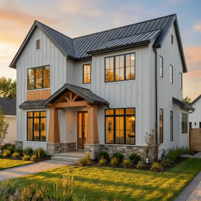 26 House with Board and Batten Siding Ideas for a Timeless Exterior 28 Two-story light gray house with board and batten siding and cedar accents.
