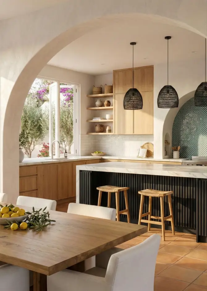 30 Mediterranean Kitchen Ideas for a Warm, Coastal Escape 29 Modern Mediterranean kitchen design with black fluted island, light wood cabinets, turquoise mosaic backsplash niche, and woven black pendant lights.