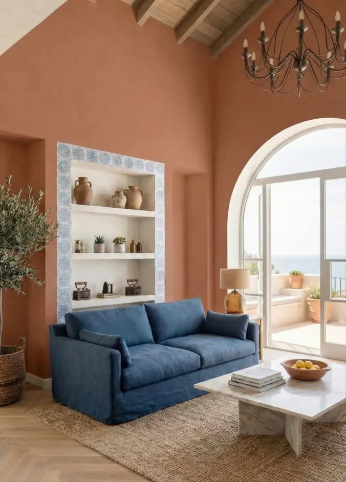 27 Modern Mediterranean Interior Design Ideas That Feel Effortlessly Chic 29 Expansive living room with rich terracotta walls, a deep blue linen sofa, and an intricate blue-tiled wall niche.