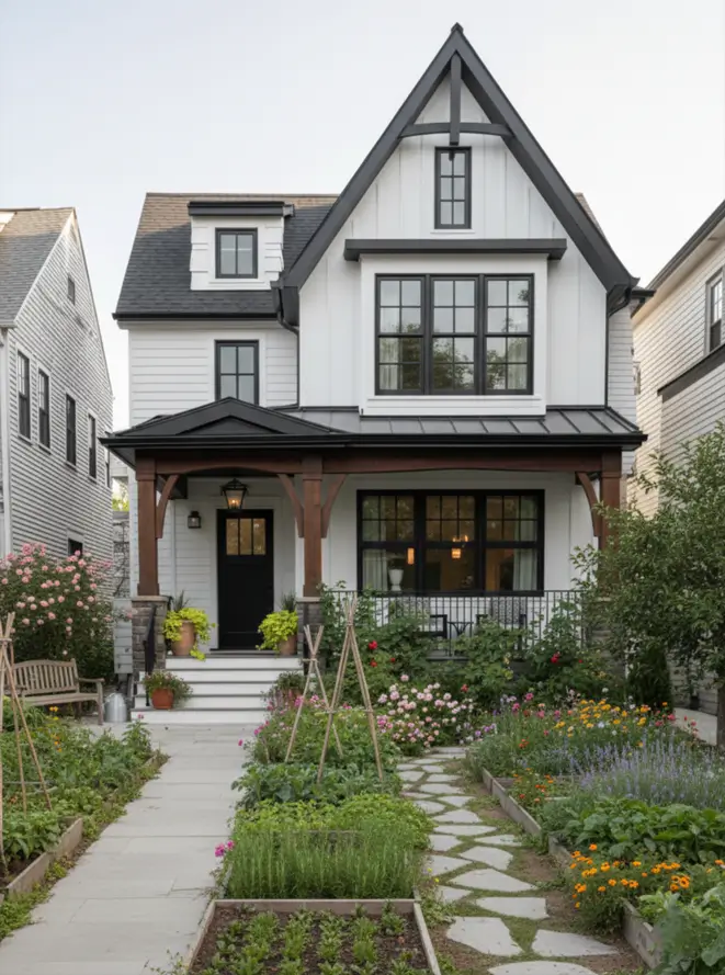 White Farmhouse With Black Trim: 34 Ideas for a Timeless Exterior 29 Vegetable gardens and dark wood porch posts framing a white house with black trim.