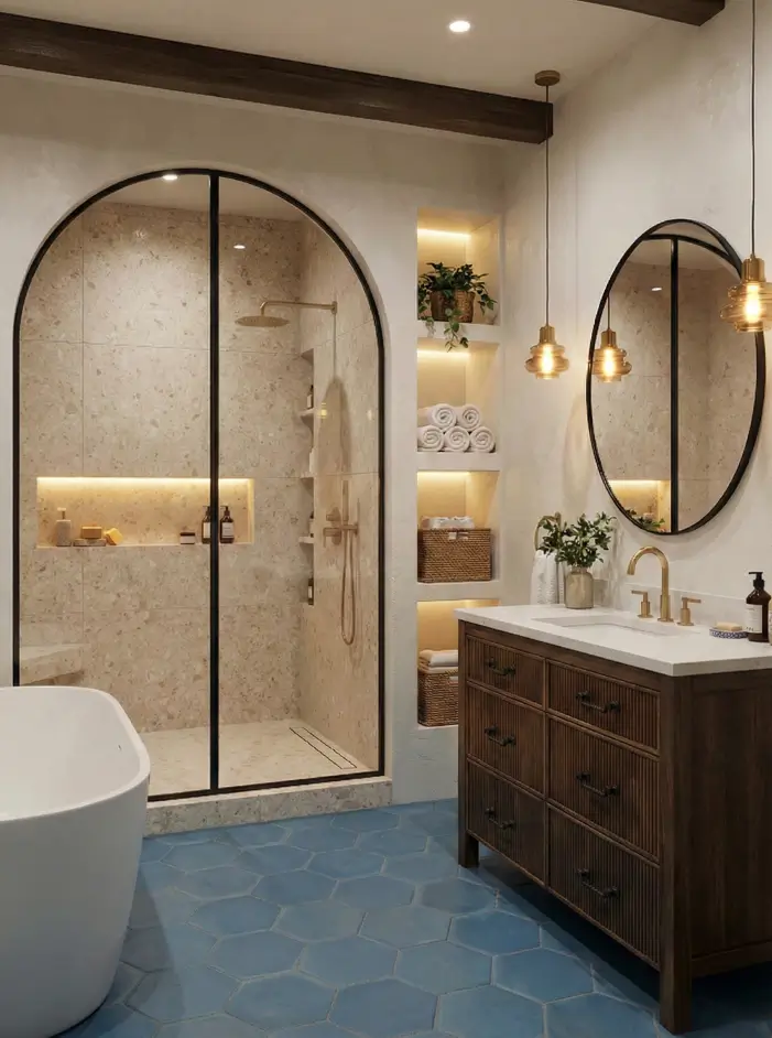 30 Mediterranean Bathroom Ideas for a Modern Coastal Escape 30 Geometric Blue Foundation Moody bathroom featuring blue hexagonal floor tiles, a terrazzo-lined arch, and dark fluted cabinetry.