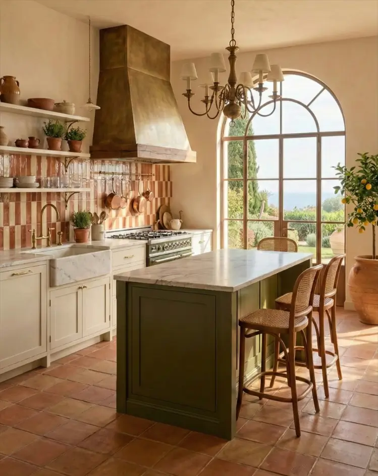 30 Mediterranean Kitchen Ideas for a Warm, Coastal Escape 30 Mediterranean kitchen design with aged bronze range hood, vertical striped backsplash, olive green island, and large arched window.