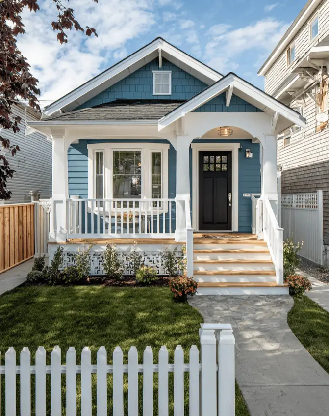 35 Small Craftsman House Ideas for Timeless Charm & Modern Living 30 Small Craftsman house with coastal blue siding and a white picket fence.