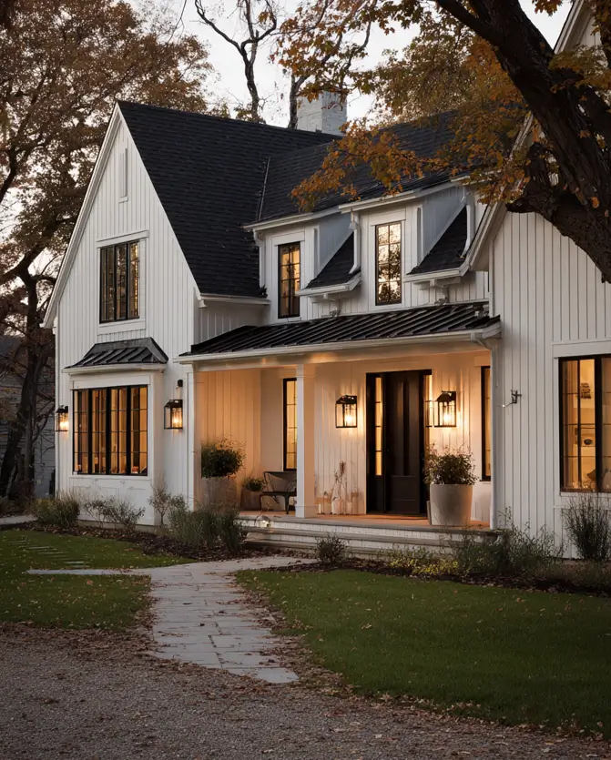 White Farmhouse With Black Trim: 34 Ideas for a Timeless Exterior 30 Warm exterior lantern lighting illuminating white farmhouse black window frames at dusk.