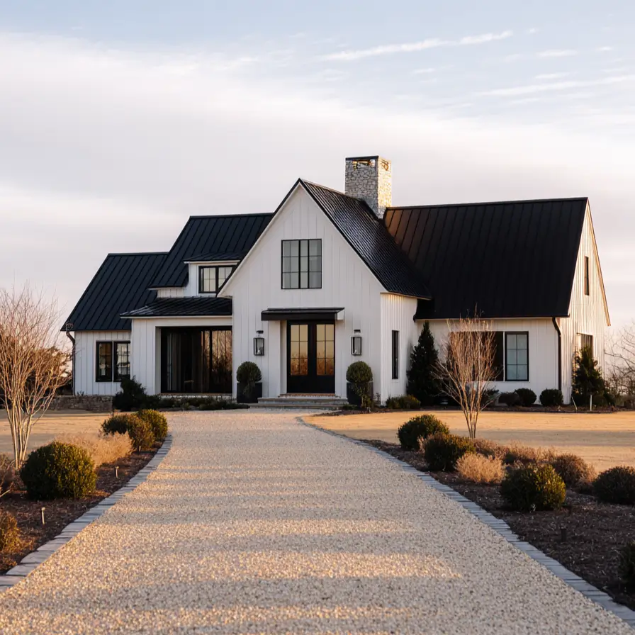 White Farmhouse With Black Trim: 34 Ideas for a Timeless Exterior 31 Sweeping gravel driveway leading to an estate-style white farmhouse with black trim.