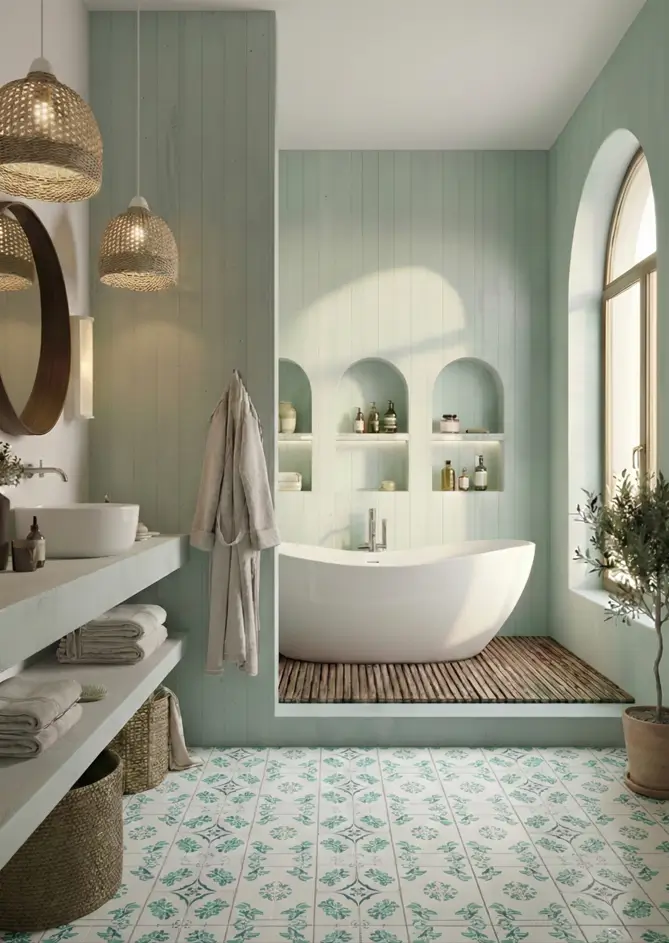 30 Mediterranean Bathroom Ideas for a Modern Coastal Escape 31 Mint Green Sanctuary Relaxing Mediterranean bathroom idea with mint green vertical paneling, patterned floor tiles, and a wood slat tub insert.