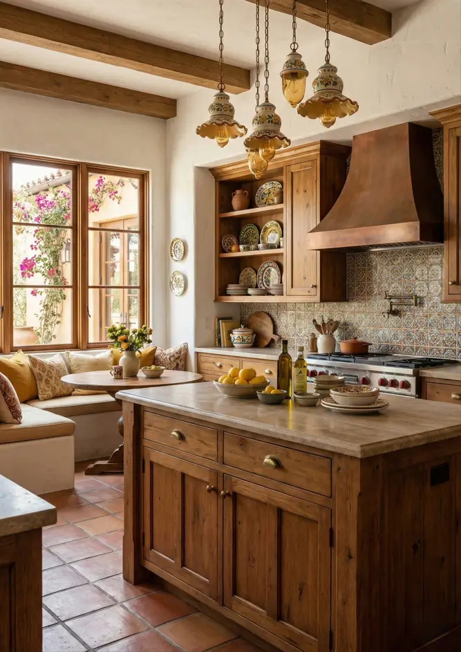 30 Mediterranean Kitchen Ideas for a Warm, Coastal Escape 31 Mediterranean kitchen design featuring hand-painted ceramic pendant lights, copper range hood, wood cabinets, and patterned tile backsplash.