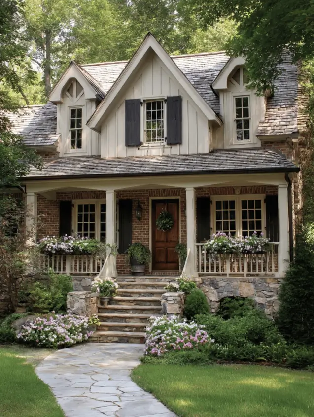 35 Small Craftsman House Ideas for Timeless Charm & Modern Living 31 Small Craftsman house featuring rustic red brick and creamy siding.