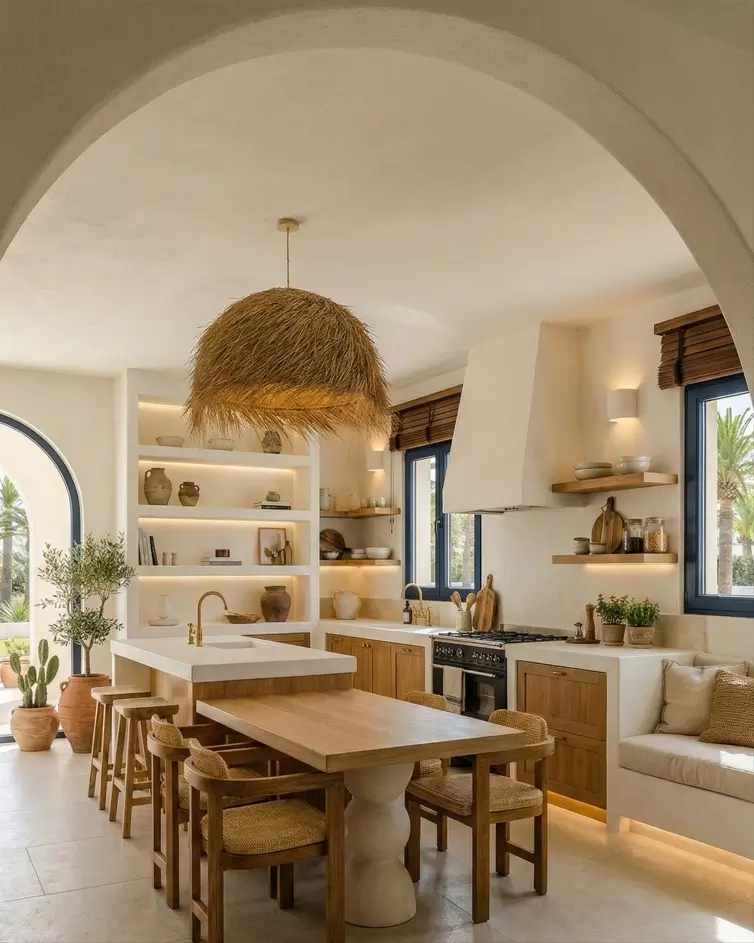 30 Mediterranean Kitchen Ideas for a Warm, Coastal Escape 5 Mediterranean kitchen design featuring an oversized straw pendant light, sculptural wooden dining table attached to the island, and white plaster built-in shelves.