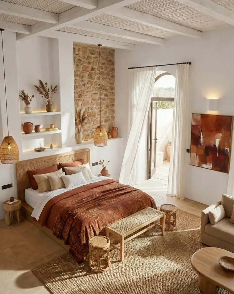 26 Modern Mediterranean Bedroom Ideas That Feel Calm, Warm, and Effortless 5 Rustic stone wall niche and bamboo-lined ceiling contrasting with white plaster in a modern Mediterranean bedroom.