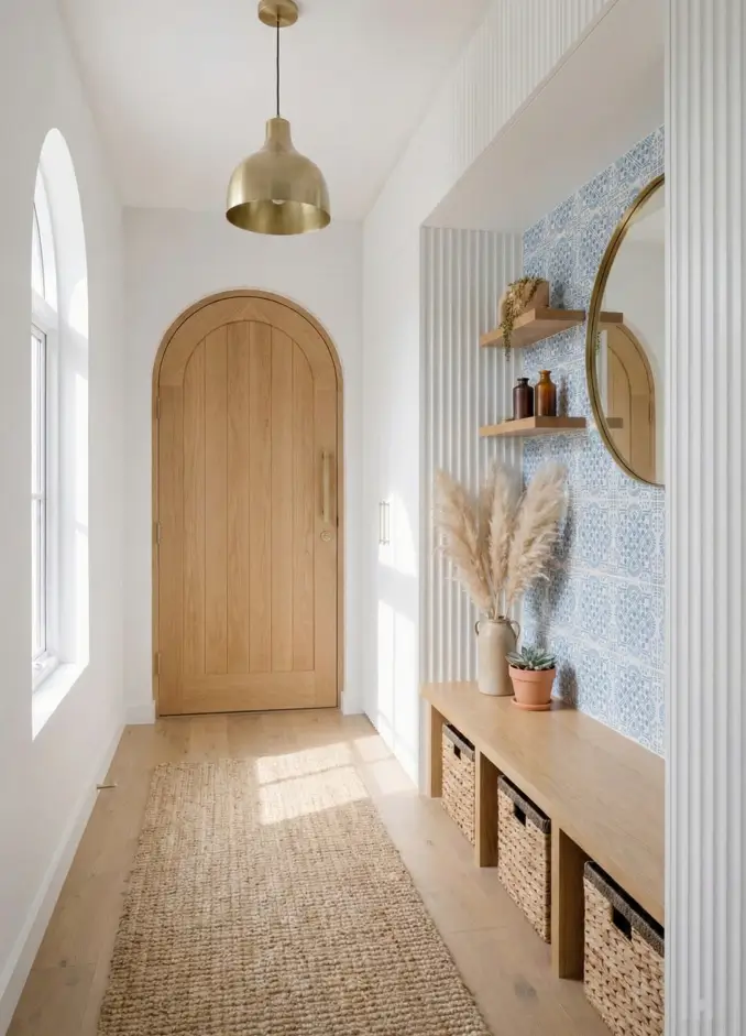 27 Modern Mediterranean Interior Design Ideas That Feel Effortlessly Chic 5 Coastal-inspired entryway design showcasing an arched timber door, delicate blue patterned tiles, and textured fluted walls.