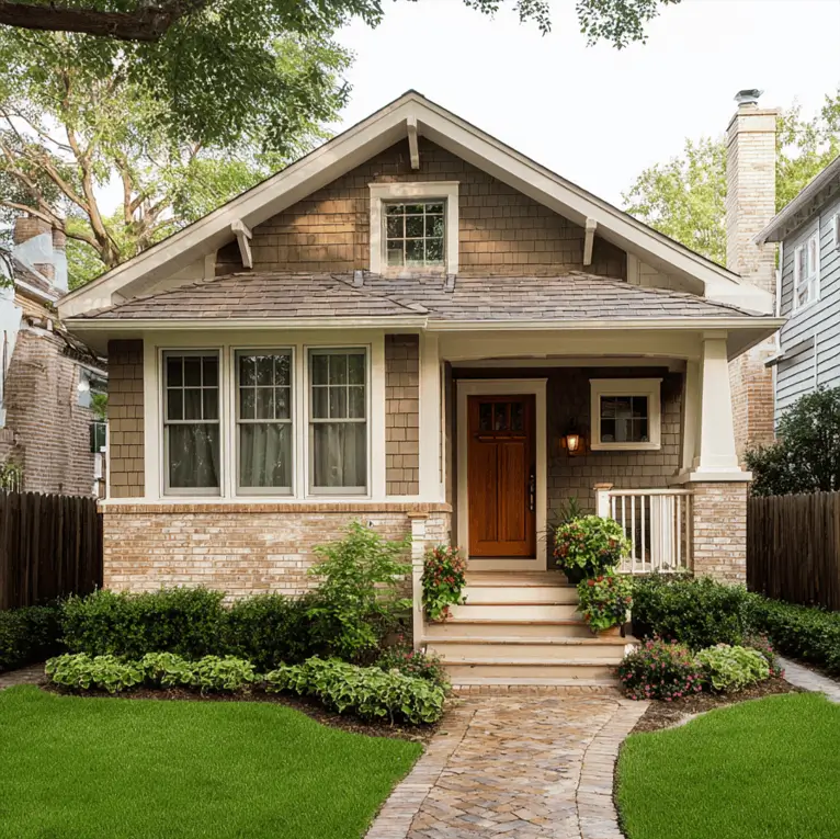 35 Small Craftsman House Ideas for Timeless Charm & Modern Living 5 Small Craftsman bungalow with cedar shakes and a brick porch foundation.
