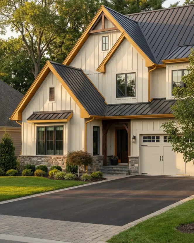 26 House with Board and Batten Siding Ideas for a Timeless Exterior 5 White house with board and batten siding featuring bright golden-yellow trim and a dark metal roof.