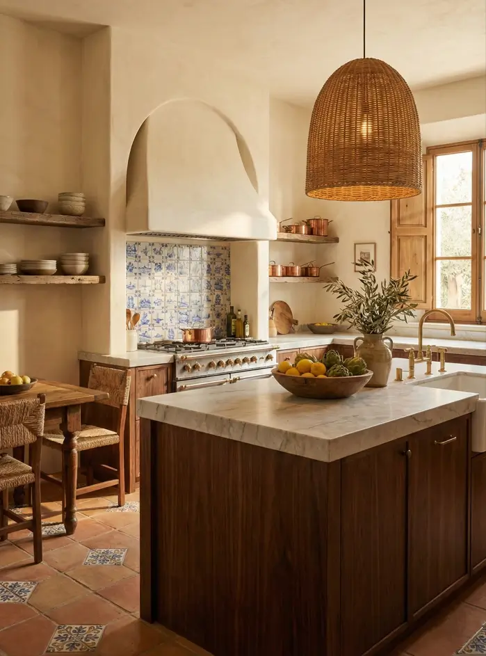 30 Mediterranean Kitchen Ideas for a Warm, Coastal Escape 32 Mediterranean kitchen design featuring a large woven pendant light, white plaster range hood, blue and white tile backsplash, and terracotta flooring.