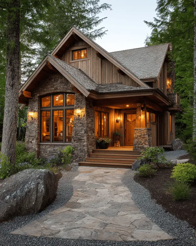 35 Small Craftsman House Ideas for Timeless Charm & Modern Living 32 Small Craftsman house with rustic stone walls and warm wood siding.