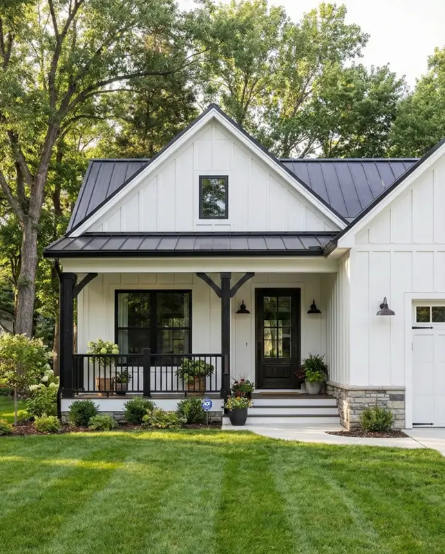 White Farmhouse With Black Trim: 34 Ideas for a Timeless Exterior 33 Metal awning and dark porch posts on a compact white farmhouse with black trim.