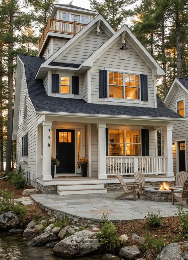 35 Small Craftsman House Ideas for Timeless Charm & Modern Living 34 Small Craftsman house with grey siding and a rooftop deck.
