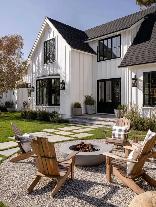 White Farmhouse With Black Trim: 34 Ideas for a Timeless Exterior 34 Gravel fire pit area and black windows in the backyard of a white farmhouse with black trim.
