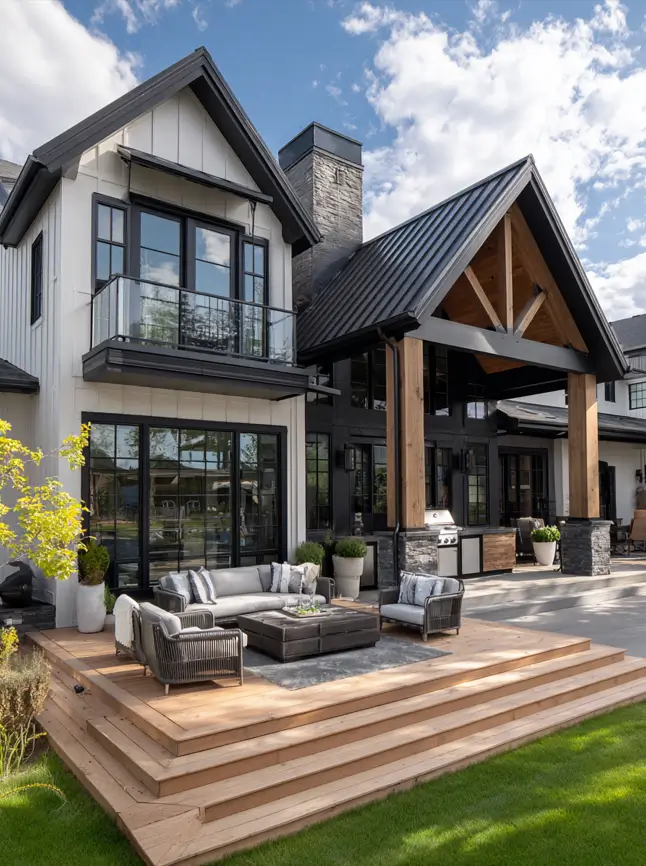White Farmhouse With Black Trim: 34 Ideas for a Timeless Exterior 35 Covered patio with heavy timber posts and an outdoor lounge attached to a white house with black trim.