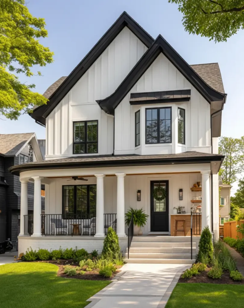 White Farmhouse With Black Trim: 34 Ideas for a Timeless Exterior 36 Built-in outdoor bar adding entertainment space to the porch of a white farmhouse with black trim.