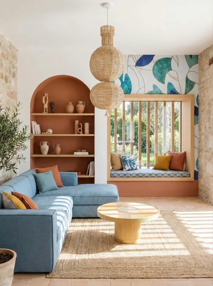 27 Modern Mediterranean Interior Design Ideas That Feel Effortlessly Chic 6 Eclectic Mediterranean home decor living room combining a rugged stone wall, terracotta-painted arch, and a botanical wall mural.