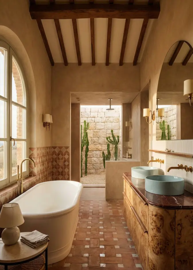 30 Mediterranean Bathroom Ideas for a Modern Coastal Escape 6 Seamless Indoor-Outdoor Warmth Luxurious Mediterranean bathroom idea featuring a burl wood vanity, terracotta flooring, and a view of an outdoor cactus garden.