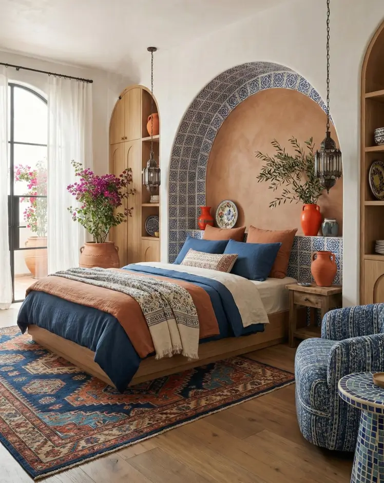26 Modern Mediterranean Bedroom Ideas That Feel Calm, Warm, and Effortless 6 Mediterranean bedroom decor idea featuring a dramatic archway lined with blue-and-white azulejo tiles.