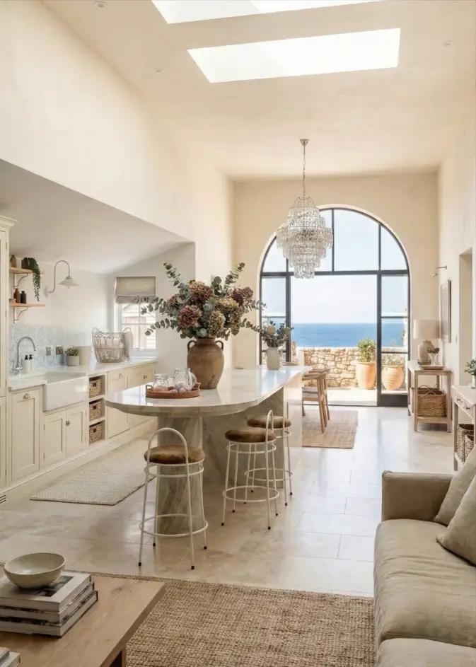 30 Mediterranean Kitchen Ideas for a Warm, Coastal Escape 6 Modern Mediterranean kitchen design with large arched window, sea view, marble island, crystal chandelier, and white bar stools.