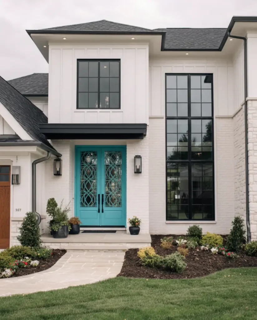 White Farmhouse With Black Trim: 34 Ideas for a Timeless Exterior 6 White farmhouse with black trim accented by bright turquoise double doors and large window grids.