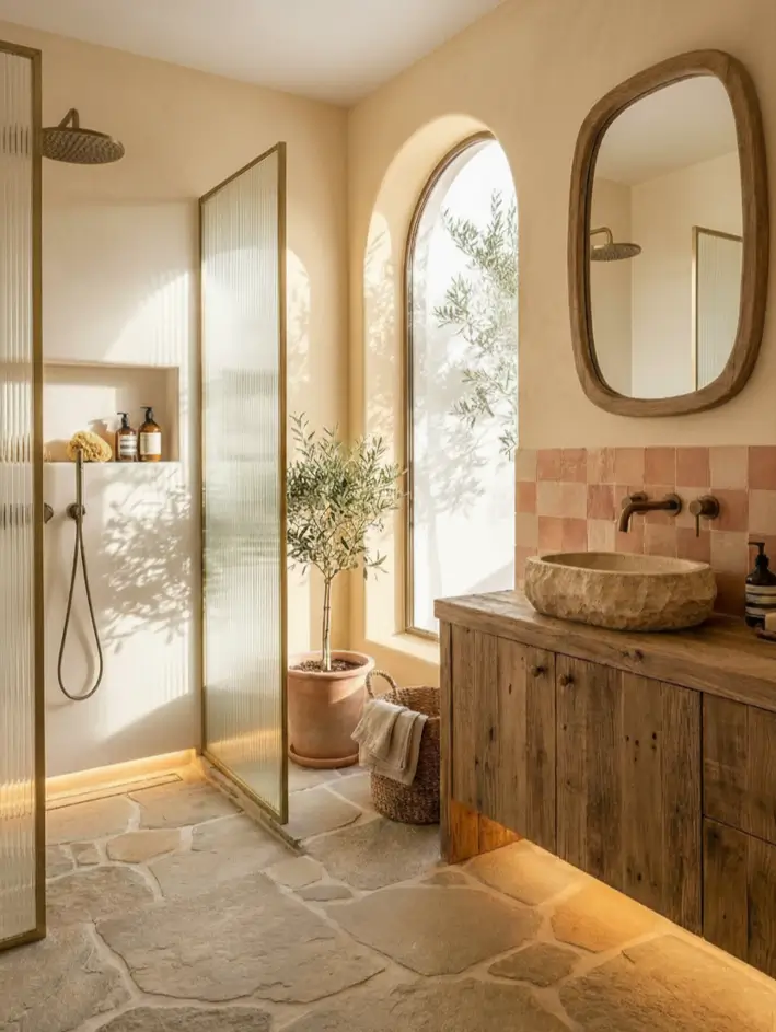 30 Mediterranean Bathroom Ideas for a Modern Coastal Escape 7 Tactile Stone Harmony Mediterranean style bathroom with irregular flagstone flooring, a rustic wood vanity, and a rough stone vessel sink.