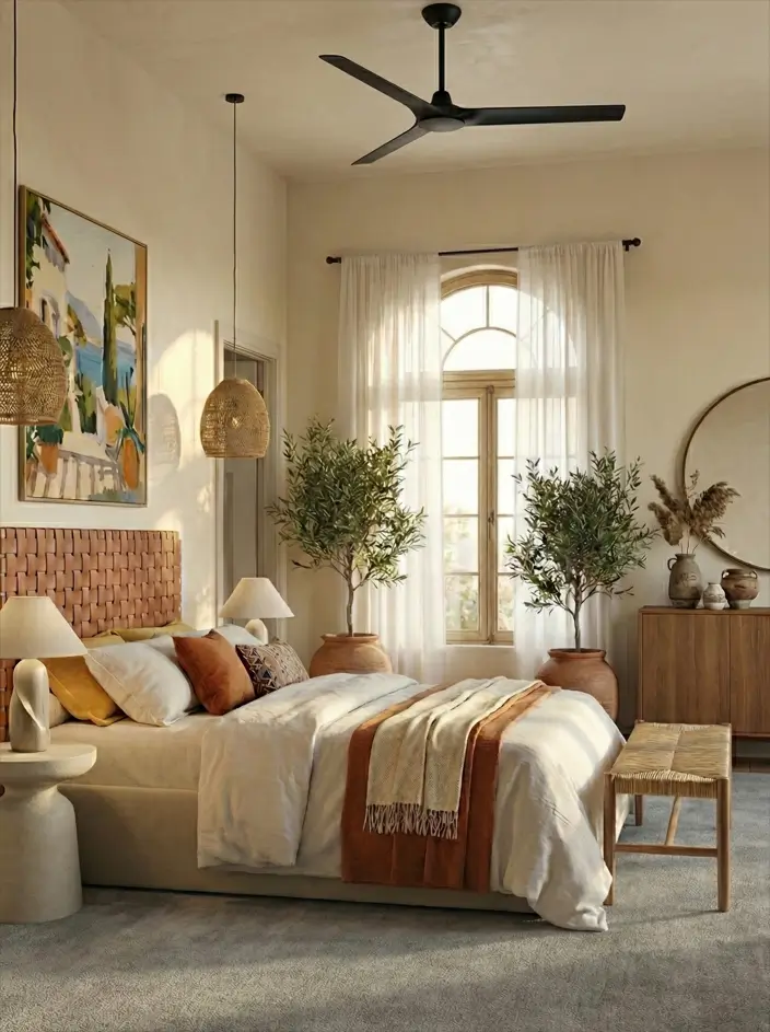 26 Modern Mediterranean Bedroom Ideas That Feel Calm, Warm, and Effortless 7 Airy modern Mediterranean bedroom with twin indoor olive trees flanking an arched window.