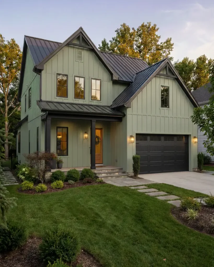 26 House with Board and Batten Siding Ideas for a Timeless Exterior 7 Two-story sage green house with board and batten siding featuring a dark metal roof.