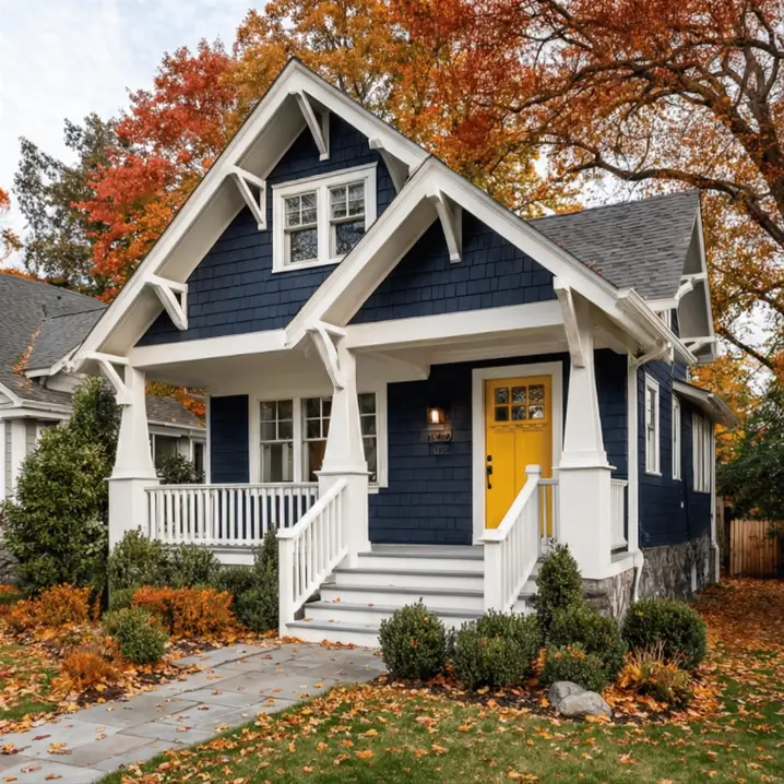 35 Small Craftsman House Ideas for Timeless Charm & Modern Living 7 Tiny Craftsman house with navy blue shingles and a yellow front door.