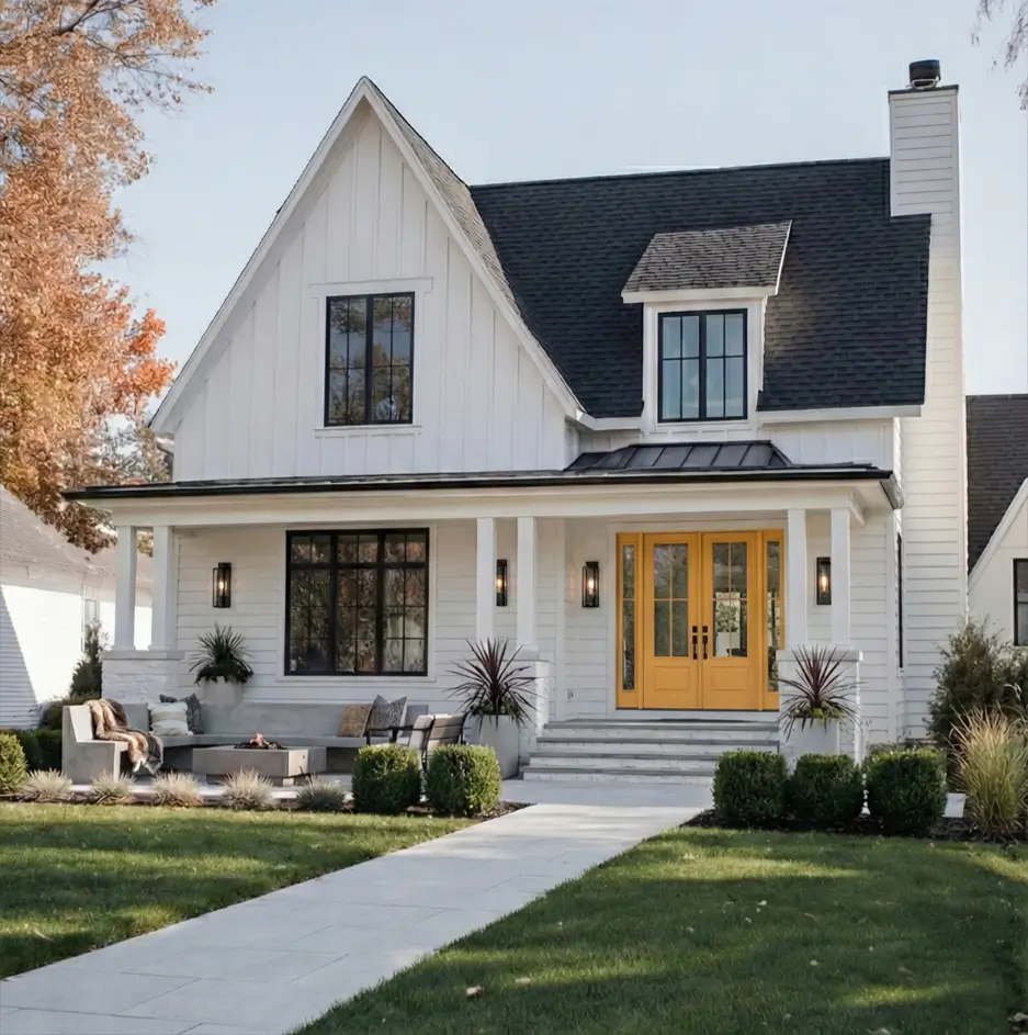 White Farmhouse With Black Trim: 34 Ideas for a Timeless Exterior 7 Sunny yellow double doors creating a focal point on a stark white house with black trim.