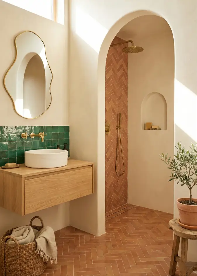 30 Mediterranean Bathroom Ideas for a Modern Coastal Escape 8 Earthy Herringbone Flow Bright bathroom featuring terracotta herringbone floors flowing seamlessly into a shower with emerald green zellige tiles.