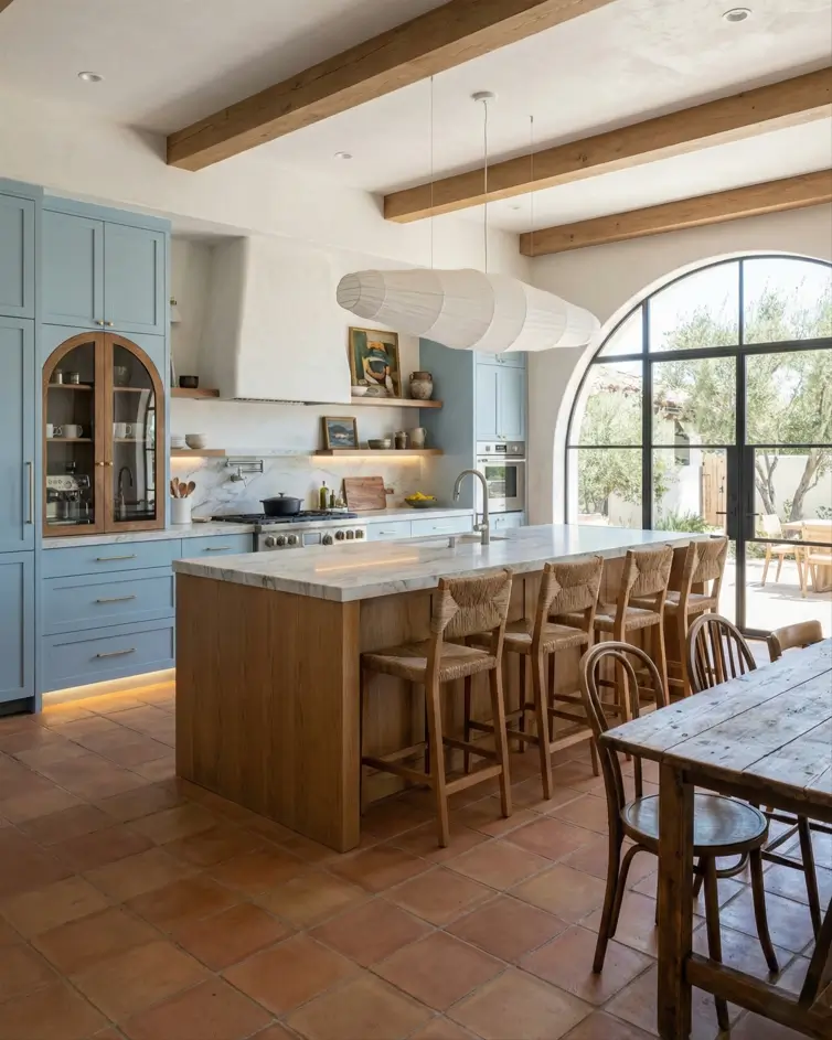 30 Mediterranean Kitchen Ideas for a Warm, Coastal Escape 8 Modern Mediterranean kitchen design featuring light blue cabinets, exposed wooden ceiling beams, terracotta floor tiles, and a large black-framed arched door.
