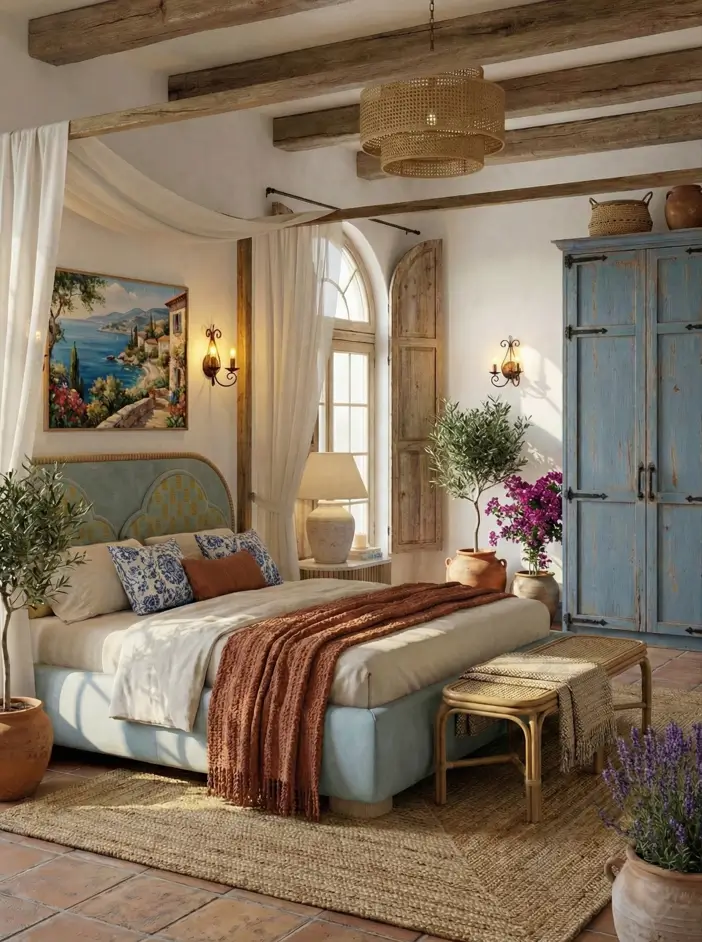 26 Modern Mediterranean Bedroom Ideas That Feel Calm, Warm, and Effortless 8 Coastal Mediterranean bedroom with a weathered blue armoire, exposed beams, and terracotta floor tiles.