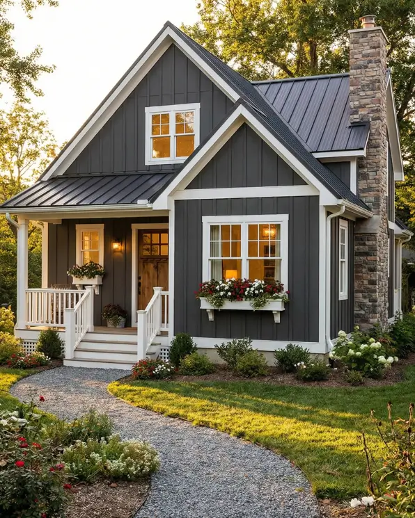26 House with Board and Batten Siding Ideas for a Timeless Exterior 8 Small dark gray cottage board and batten exterior featuring white trim and flower boxes.