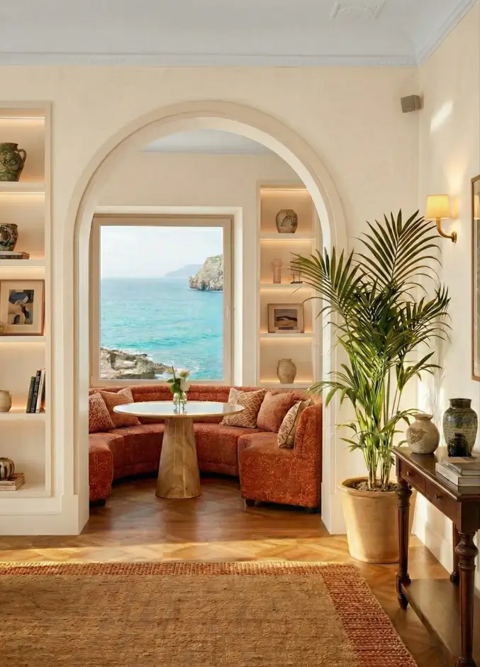 27 Modern Mediterranean Interior Design Ideas That Feel Effortlessly Chic 9 Cozy viewing nook capturing the Mediterranean aesthetic with a rust-colored curved banquette, herringbone floors, and a stunning coastal view.