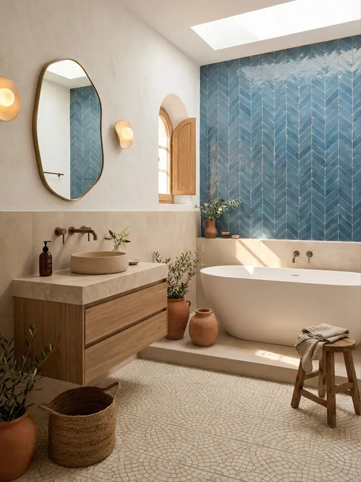 30 Mediterranean Bathroom Ideas for a Modern Coastal Escape 9 Coastal Blue Statement Mediterranean bathroom idea showcasing a floor-to-ceiling blue chevron tile wall behind a freestanding white bathtub.