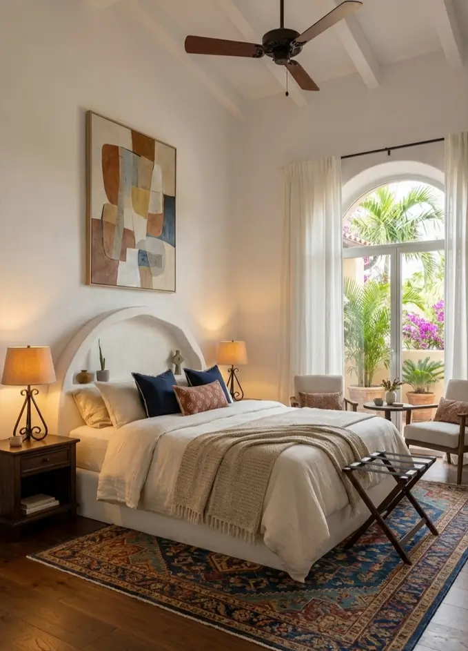 26 Modern Mediterranean Bedroom Ideas That Feel Calm, Warm, and Effortless 9 Built-in white plaster arched headboard and vibrant vintage rug in a modern Mediterranean bedroom.