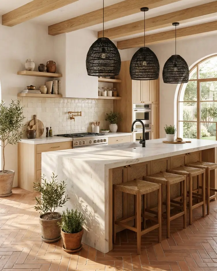 30 Mediterranean Kitchen Ideas for a Warm, Coastal Escape 9 Modern Mediterranean kitchen design featuring three black woven pendant lights, a white marble waterfall island, light wood cabinets, and rustic herringbone terracotta flooring.