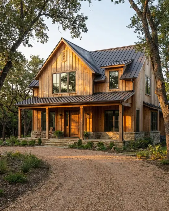 26 House with Board and Batten Siding Ideas for a Timeless Exterior 9 Two-story house with natural wood board and batten siding featuring a dark metal roof.
