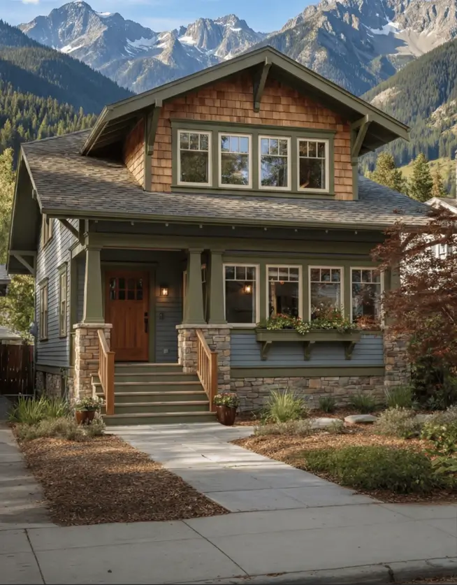 35 Small Craftsman House Ideas for Timeless Charm & Modern Living 9 Small Craftsman house with blue siding and cedar shakes in a mountain setting.