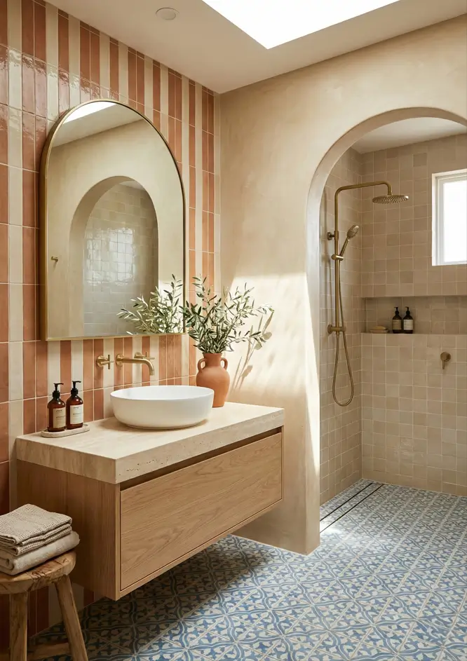 30 Mediterranean Bathroom Ideas for a Modern Coastal Escape 10 Striped Tile Accent Modern Mediterranean bathroom featuring vertical terracotta striped walls and blue-and-white encaustic cement floor tiles.