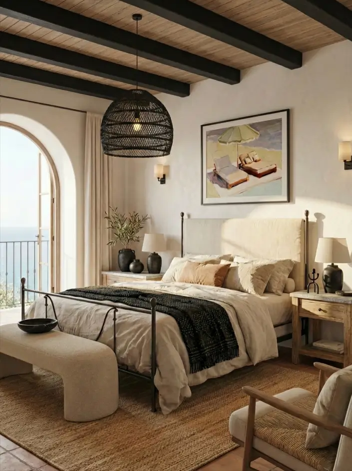 26 Modern Mediterranean Bedroom Ideas That Feel Calm, Warm, and Effortless 10 Sleek black iron bed frame and woven pendant light anchoring a coastal Mediterranean bedroom design.